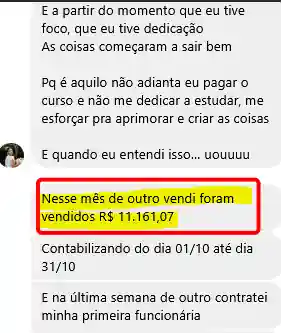 Depoimento aluna - vendeu R$11.161 em um mês