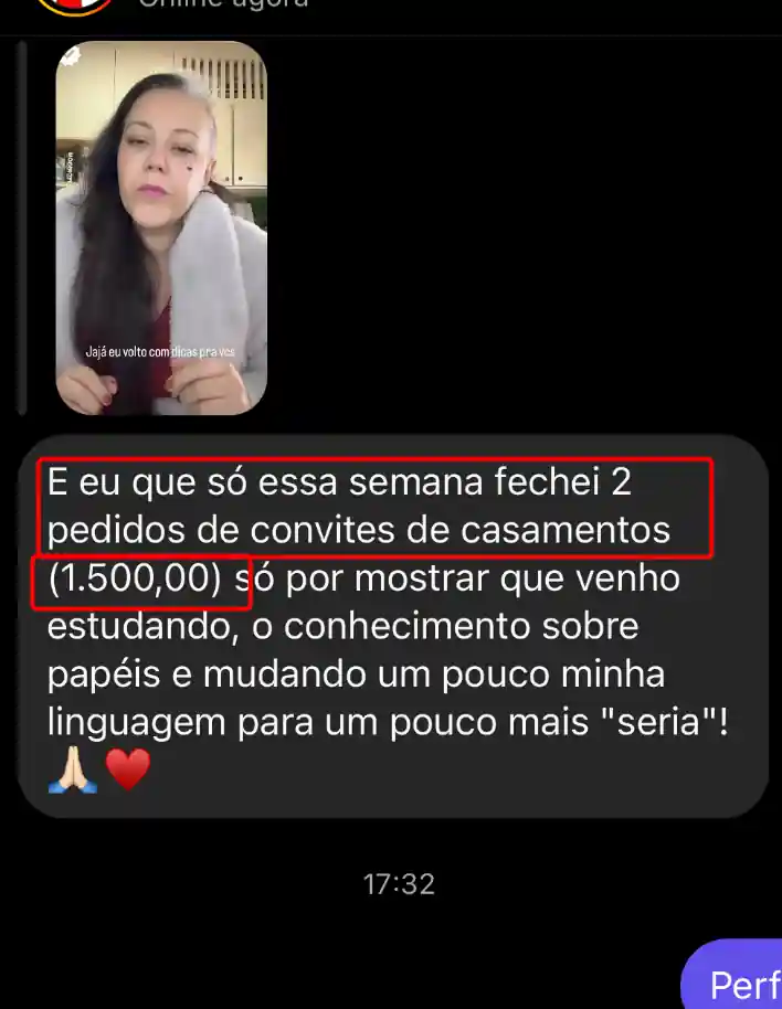 Depoimento aluna - fechou 2 pedidos de convites de casamento